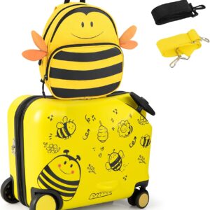 COSTWAY 2-tlg. Kinderkoffer-Set mit Rucksack (Bienen-Design) – Perfekt für kleine Reisefans!